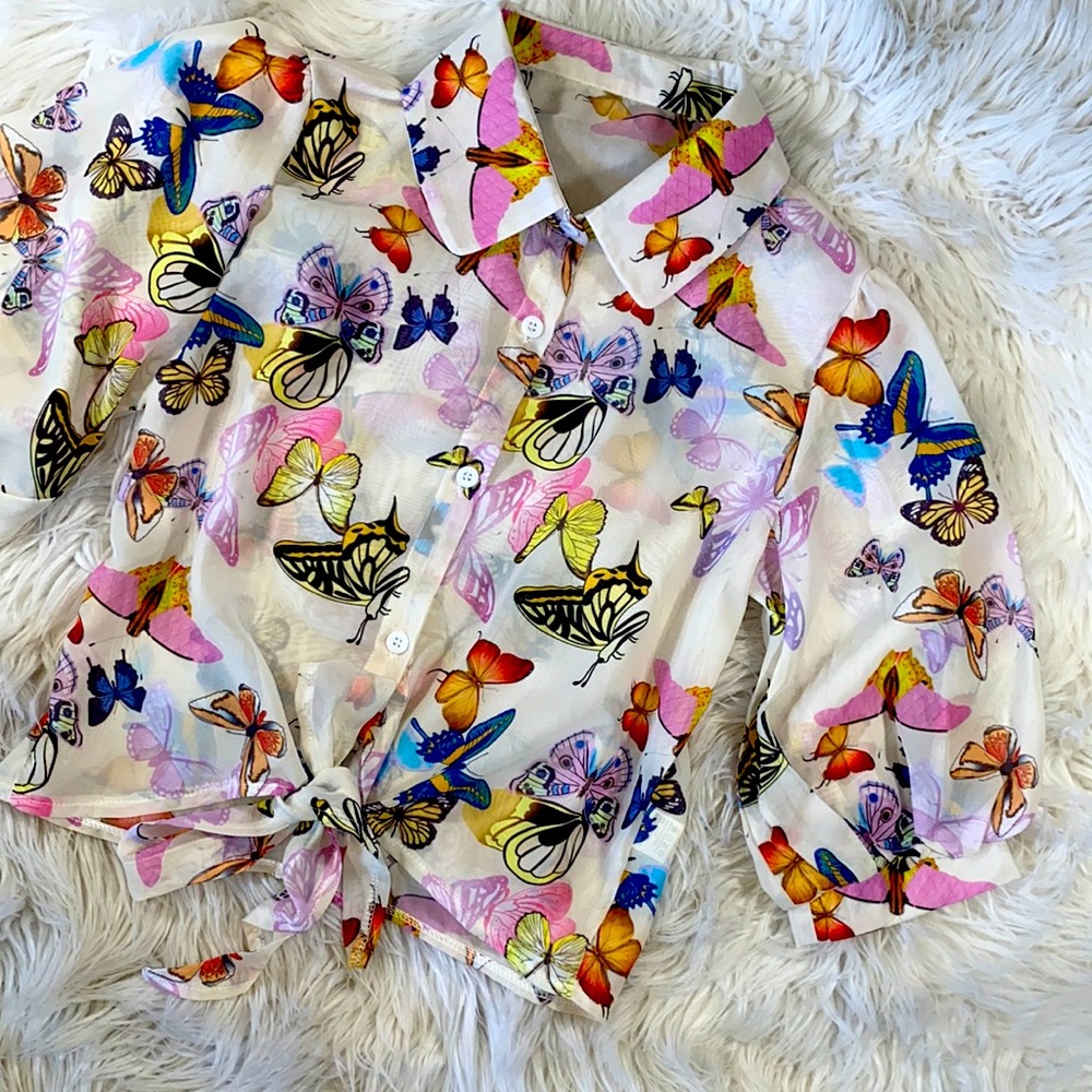 Sheer Butterfly Print Tie Front Blouse